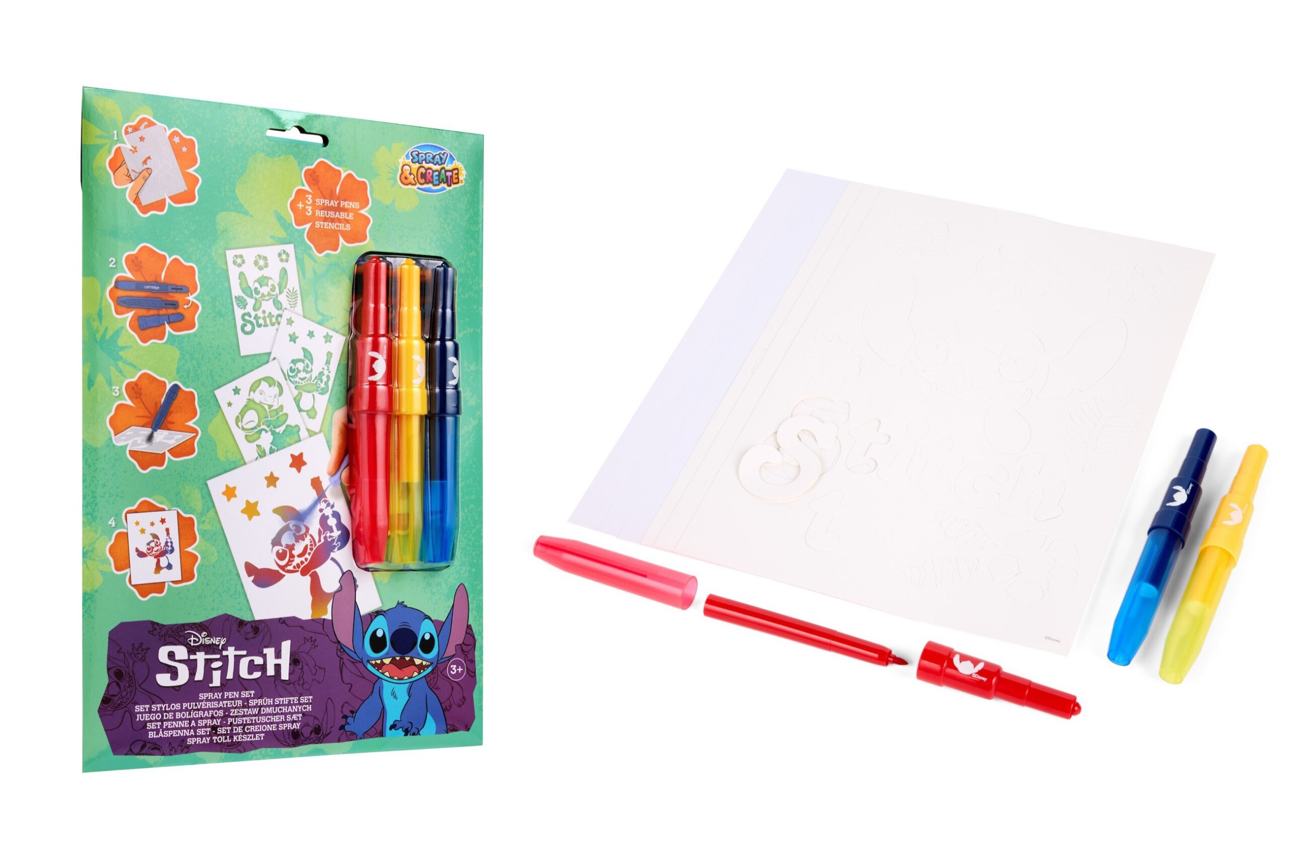 STITCH Set di 3 penne spray colorate – In bustina con foglio A4 e stencil…x48